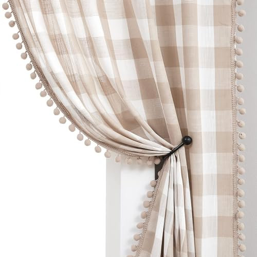Lot de 2 rideaux semi-transparents à pompons pour salon, beige et blanc, motif à carreaux de buffle filtrant de la lumière, panneaux de fenêtre texturés en lin pour bureau, brun roux, 101.6x228.6 cm