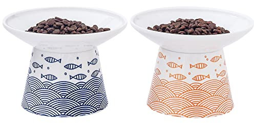 AOMRYOM 6.25 Inch Extra Wide Elevated Ceramic Cat Bowls, Food and Water Bowl Set for Elder Big Cats Small Dogs, Raised Design for Pet Easy Eating, Blue & Orange, Set of 2