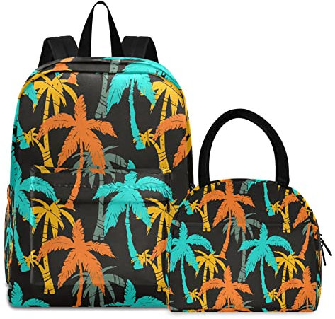 Mnsruu Sac à dos d'école avec sac fourre-tout, cocotiers, palmiers pour ordinateur portable, sac à déjeuner junior pour adolescent, multicolore, Taille unique, Ensemble cartable