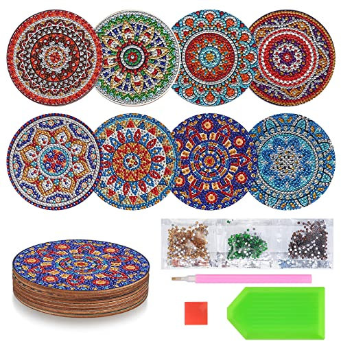 8 Pièces 5D DIY Diamant Peinture Dessous de Verre, Rond Mandala sous-Verres Art de Diamant, Tasse Boissons sous-Verres Dessous Verres de Table pour Adultes Enfants Artisanat