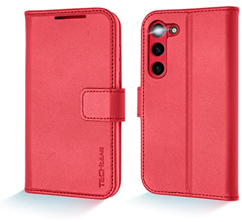 TECHGEAR Galaxy S23 Plus Leather Wallet Case, Genuine Leather Magnetic Flip [RFID Blocking] Case with Shockproof TPU, Card Slots, Stand Folio Cover Compatible with Samsung Galaxy S23+ 5G, Red