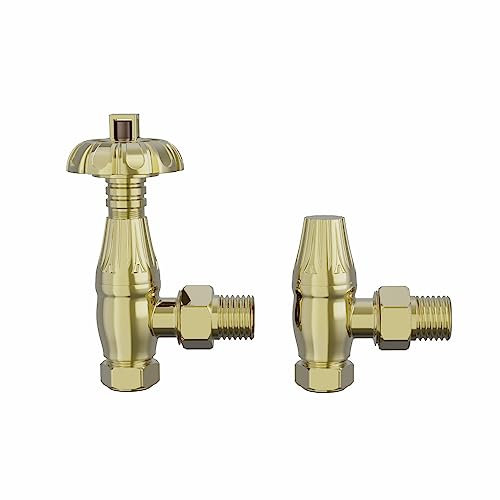 NRG Traditional Antique Angled Central Heating Radiator Valve 15mm Thermostatic Lockshield Valves Polished Brass