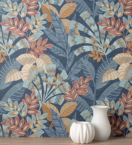 GAULAN 682000 Papier peint en vinyle feuilles ethniques sur fond bleu texturé style tropical pour mur salon cuisine bain chambre salle à mange tête - Rouleaux de 10 m x 0,52 m