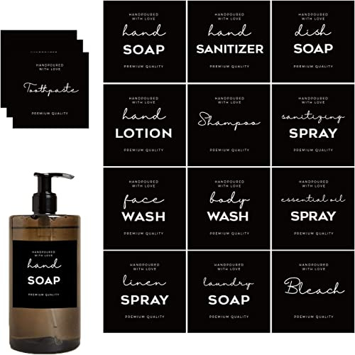 36 Pcs Hand Soap Labels Waterproof, v2croft Minimalist Farmhouse Soap Labels for Bottles, Black Label Stickers for Lotion Dispenser, Shampoo, Conditioner, Dish Soap (2.75 x 2.83)