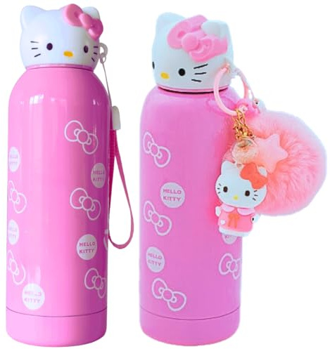 Baby In Love Basket Kids Water Bottle, Pink - 280 ml, Stainless Steel, 6-12h Heat Preservation, Animated Hello Kitty Design with Keychain