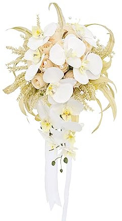 Floinla Hochzeitssträuße für Braut, weiße Champagner, künstliche Rosen, Orchidee, Blumen, kaskadierende Brautsträuße für Braut, Herbst, rustikale Hochzeitsdekoration