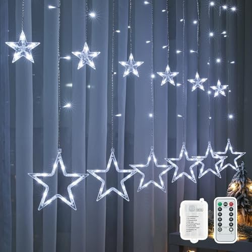 BLOOMWIN LED Star Curtain Lights - 2M 138 Star Christmas Decorations for Windows, Hanging Indoor Xmas Lights, Cold White Battery Operated