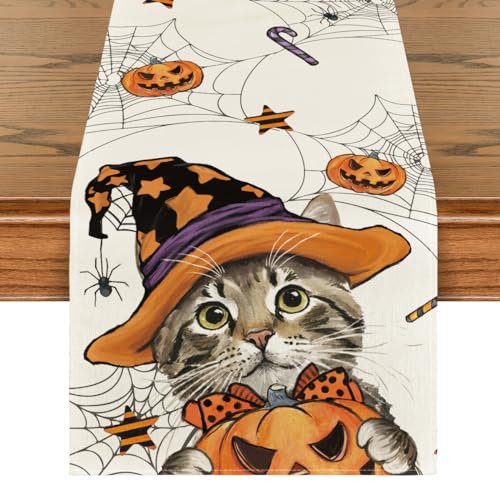 Artoid Mode Katze Kürbisse Halloween Tischläufer 40x140 cm | Saisonal Herbst Hause Wohnzimmer Tisch Dekoration Drinnen Urlaub Party Dekor