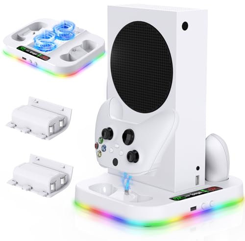 Support pour Xbox Series S avec lumière LED RGB, Dual Chargeur Station de Controller pour XSS Accessoires avec 2 * 1400mAH Batterie Rechargeable, Ventilateur de Refroidissement Réglable à 3 Vitesses