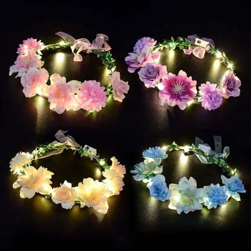 LED Blumenkranz Stirnband,Liuer 4PCS LED Haarband mit Blume,Haarkranz Leuchtend,Blumenkrone Blinkende Haargirlande Kopfschmuck Damen für Geburtstag,Hochzeit,Festival,Party
