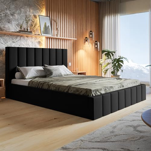 MOTIVENA Ibiza Bett 120x200, Polsterbett 120x200, mit Bettkasten, mit Stauraum, mit Lattenrost, mit Kopfteil, ohne Matratze, Samt, Schwarz