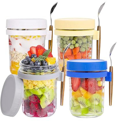 Kongming 4 Stück Glas Müslibecher to go mit Deckel und Löffel, 350ml Müsli to go becher,Porridge Glas Müsli cup für Jogurt,Porridge,Cornflakes,Muesli,Milch,Früchte