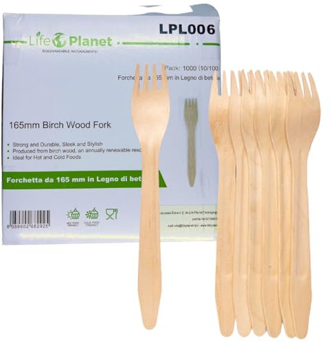 LIFE PLANET® 300 Forchette In Legno, Posate Usa e getta, Biodegradabili e Compostabili, Stoviglie Monouso 100% Naturali
