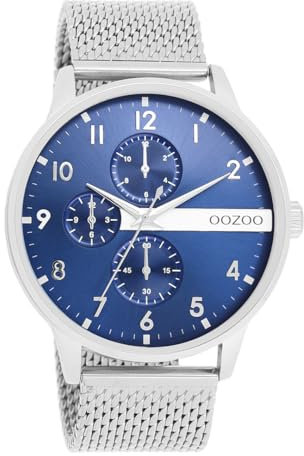 Oozoo Timepieces Herren Uhr in Silver/Blue | Armbanduhr Herren mit Mesharmband | Schöne Uhr für Männer | Edle Analog Herrenuhr (45mm Gehäuse) in rund C11300