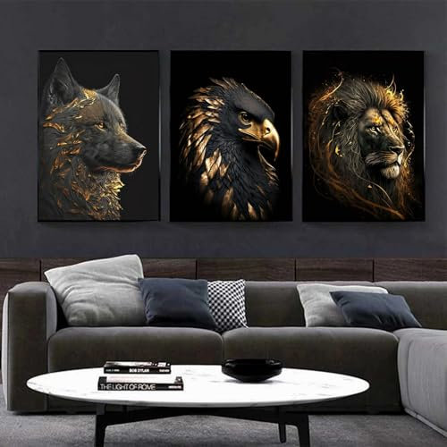 LXTOPN Wilde Löwe Bilder Schwarz und Gold Tier Bild auf Leinwand,Moderne Wolf und Adler Bilder Drucke Wohnzimmer Poster Wandbild Dekor kein Rahmen. (HJSZ1, 3 * 40x60cm)