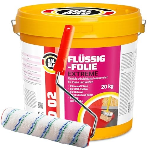 Flüssigfolie 20kg für Innen und Aussen, Faserverstärkte Hochelastische Abdichtung, Wassersperre unter Fliesen, Balkon, Dusche + Farbroller 25cm Halbau SET D02