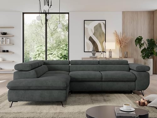 MKS MEBLE Sofa L, Wohnlandschaft L-Form mit Schlaffunktion und Bettkasten, Schlafsofa mit Bettkasten, Ecksofa, Sofa mit Einstellbare Kopfstützen, Pedro L - Dunkelgrau Struktur - Links