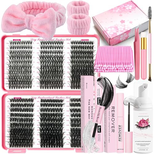 DNSGOOR DIY Lash Extension Kit 590Pcs 9-18mm D Curl Lashes Clusters with Lash Bond and Seal Glue Remover Lash Shampoo Cleansing Brush Headband Wristband Tweezers Eyelash Brush Applicator (LASH01)