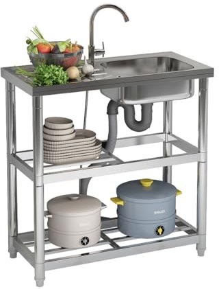 CStern Évier autoportant, en acier inoxydable, avec robinet, évier de cuisine avec étagères, lavabo multifonction avec tuyau d'eau, lavabo utilitaire pour buanderie, jardin, restaurant, garage