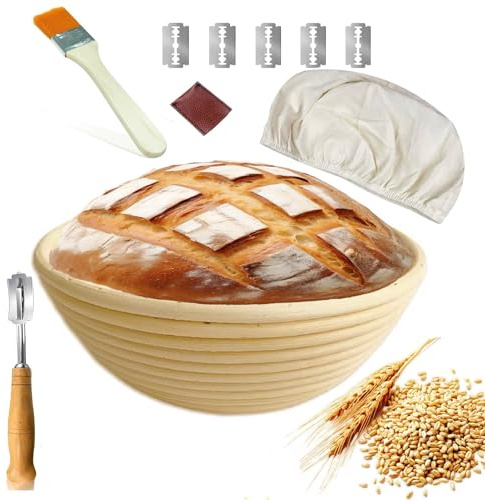 DeJivsin Gärkorb Rund 23cm, Gärkörbchen Set, Banneton, Natürlichem Rattan, Bürste, Bread Brotmesser, Leinentuch Brotbeutel Gärkorb Set für Brot Backen Fasst 1kg Teig