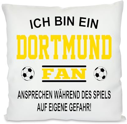Herzbotschaft Fussball Kissen | Ich Bin EIN Dortmund Fan - Ansprechen während des Spiels auf eigene Gefahr | Dekokissen für Fußballfans | Hülle und Füllung | 40cm x 40cm | versteckter Reisverschluss