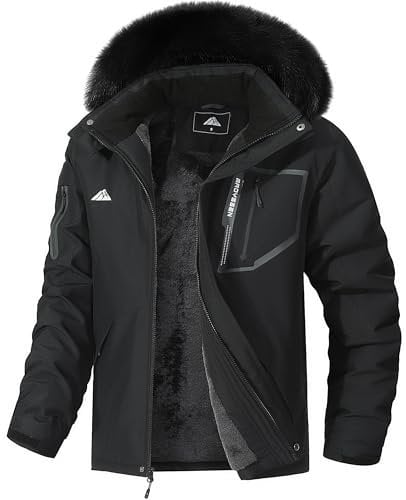 MAOYSSEN Herren Skijacke Wasserdicht Warm Winter Schnee Mantel Mountain Windbreaker Fell Kapuze Snowboard Jakcet Parka, Schwarz, X-Large