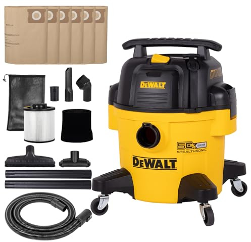 DEWALT Stealthsonic Shop Staubsauger nass und trocken, 5 Peak HP Poweful Suction Ultra-Quiet Staubsauger mit komplettem Zubehör-Kit und 6 Staubbeuteln, Shop Vac für Zuhause, Baustelle, Werkstatt