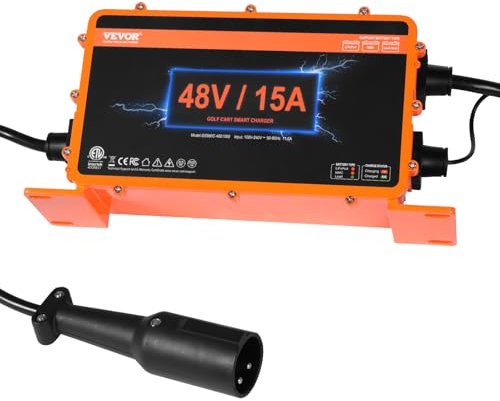 VEVOR Golf Cart Battery Charger 48V 15A Smart Battery Charger with 3 Pin Round Plug Compatible with AGM Gel EFB MF NMC LiFePO4 Lead-Acid Batteries
