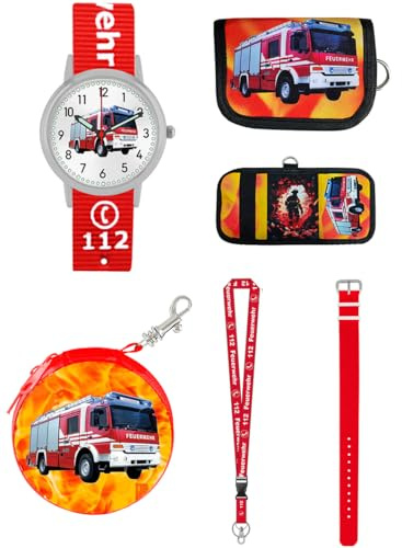Brecjon Geschenkset Feuerwehr Armbanduhr Jungen Kinderuhr Lernuhr Geldbörse Schlüsselband Display Schutz Motivdose 2 Armbänder