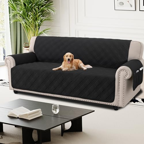 H.Versailtex Gesteppte Sofabezüge, 4-Sitzer, 100 % wasserdicht, Sofa-Schonbezüge mit Taschen, extra große Couchbezüge für Hunde und Haustiere, waschbarer Sofaschoner mit Gummiband, Schwarz