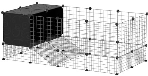 PawHut Gabbia per Animali Piccoli Modulabile con 2 Casette Rialzate, Recinto per Conigli, Porcellini d'India e Ricci da interno con 31 Pannelli, Nero