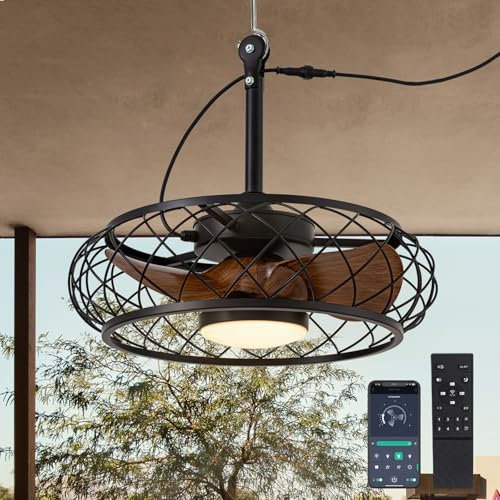 CROSSIO - 20 inch outdoor ceiling fans with lights, gazebo fan, wet rated remote control and APP control, plug-in ceiling fan for
