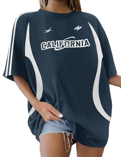 Xnova Oversized Tshirt Damen Gedruckt Kurzarm, Vintage Y2K Tops Rundhals mit Stripes, Sommer Oberteile Casual Streetwear Lose Basic Tee Shirts für Teenager Mädchen (Blau, L)