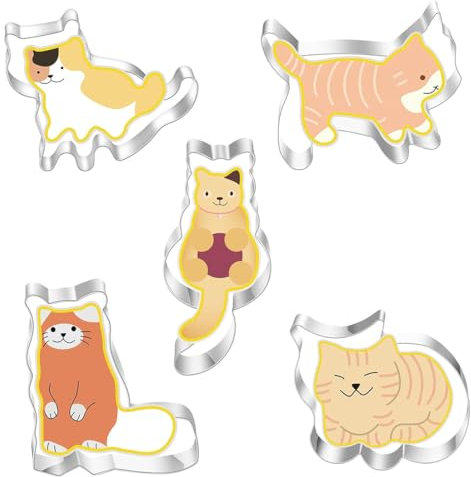 RAMGLYO 5 pcs Cortadores de Galletas en Forma de Gato de Acero Inoxidable, Moldes para Galletas de Animales para Hornear Galletas de Fondant, para Niños (Color Plateado)
