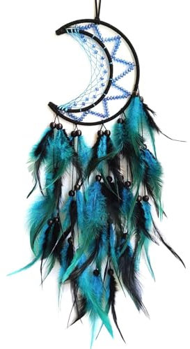 Grand Attrape-rêves en Forme de Lune,Indien Attrapeur de Rêves Bleues,Handmade Décoration Murale à Suspendre pour Maison,Capteur de Rêves Festival Cadeau pour Enfants Adolescents Adultes Amis