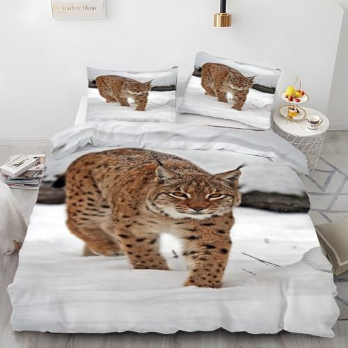 EXSANLIEAY Schnee Bettwäsche 135x200 - Luchs Wendebettwäsche, Weiche & Atmungsaktiv Microfaser Bettbezug + 2 Kissenbezug 80x80, Angenehme bettwäsche-Sets, 3 Teiligmit Reißverschluss