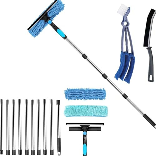 4,5m Fensterputzer Set, Teleskop Fensterwischer mit Abzieher und Mikrofaser | 2-in-1 Fensterreiniger Set mit langem Teleskopstiel, Ersatz-Pads für hohe Fenster, Auto, Glas und schwer erreichbare Stellen