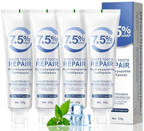 4pcs Hydroxyapatite Toothpaste UK,Fluoride-Free Formula,Mint Flavor(120g) | Hydroxyapatite Toothpaste 7.5 for Enamel Protection,Sensitivity Relief, Cavity Prevention, Fresh Breath