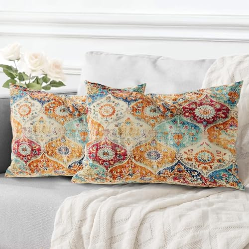 ECZOIL 2er Set Boho Kissenbezüg 40x60 cm,Böhmische Blumen Dekorative Kissenhülle Flachs 16x24 Inch Doppelseitiger Druck Dekorative Kissenbezug für Wohnzimmer Sofa Schlafzimmer-Cremefarben