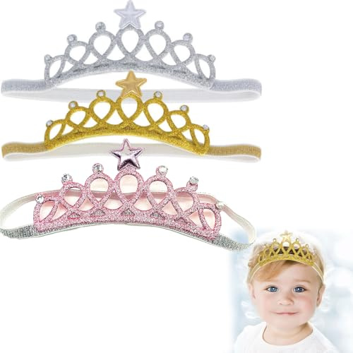 DIFLAX 3 Stück Baby-Stirnband, Prinzessinnenkrone, Stirnband, Haarschmuck für Mädchen, Geburtstag, Party, weich, Baumwolle, elastisch, niedlich (Gold, Silber, Rosa)