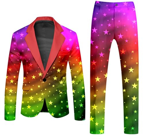 Generisch Costume coloré pour homme - Veste de costume - Pantalon de costume 2 pièces - Costume amusant arc-en-ciel - Ensemble blazer - Tenue de fête - Disco - Discothèque - Performance
