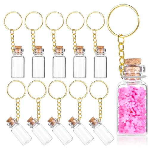XLIUAX Mini Seasoning Keychain, 10 Pcs Mini Glass Bottles 3 Ml Wish Jar Keychains Small Glass Bottle Miniature Message Bottles with Corks Lids for DIY Crafts Wedding Favors Party Decoration Gift