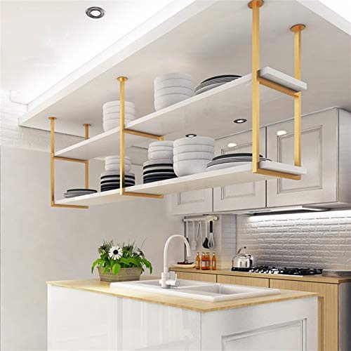 Ceiling-Mounted Kitchen Pot Rack- Stylish Wooden & Metal Hanging Shelf with White Tray Holder - Space-Saving Storage Solution for Pots & Pans