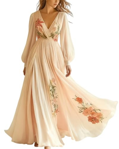 Minetom Femme Robe De Soirée Chic Longue Col V À Fleur Mousseline Manches Longue Maxi Dress Plage D'Été Cocktail Mariage Robe De Demoiselle d'honneur