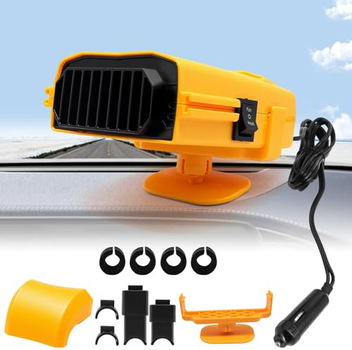HASAIKA® Chauffage de Voiture 2 en 1, Chauffage Voiture Portable, 12V 150W Dégivreur et Désembuage, Dégivreur Rotatif à 360° pour Voiture/SUV/Van, Jaune