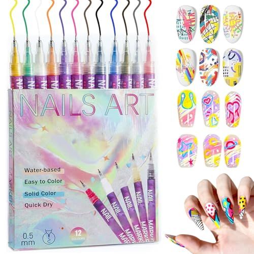 Nail Art Pens, 12 Colors Art Markers for Nails,Nail Art Markers Polish Pens | DIY Nail Art Kit for Adults, Premium Quick-Drying Formula Resistant to Flaking for Women Girls, DIY Nail Design