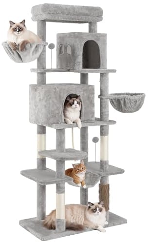 YITAHOME Large Cats Tree Tower, Height 176 cm, XL Cat Tree, Multi-Tier Cat Scratching Post with 2 Caves, 2 Baskets, Hammock, Plush Balls, Cat Brushes, Light Grey