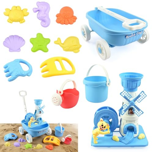 AUTOMP Strandspielzeug-Set mit Windmühle & Wasserrad, 12-teiliges Sandspielzeug mit Wagen, 6 Förmchen, 2 Krallen, Gießkanne für Strand & Sandkasten, Outdoor-Spielzeug-Geschenk