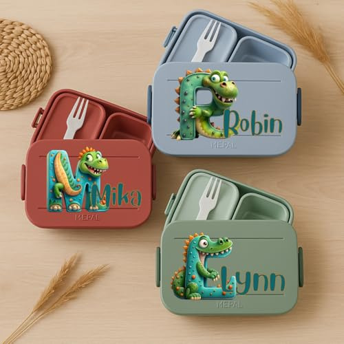 Mepal Brotdose personalisiert mit Namen – Bento Brotdose Kinder mit Fächern & Gabel – Lunchbox Dinosaurier Buchstabe Druck – Brotdose Schule Kindergarten BPA frei spülmaschinenfest