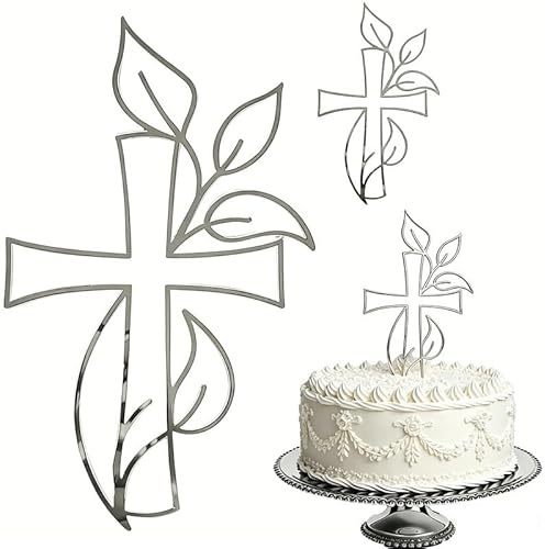 Gemejutor Spiegelnder Kreuz Cake Topper (2 Stück, Silber) – Lebensmittelechtes Acryl, 10x17.5cm, für Kommunion, Taufe & Religiöse Feierlichkeiten